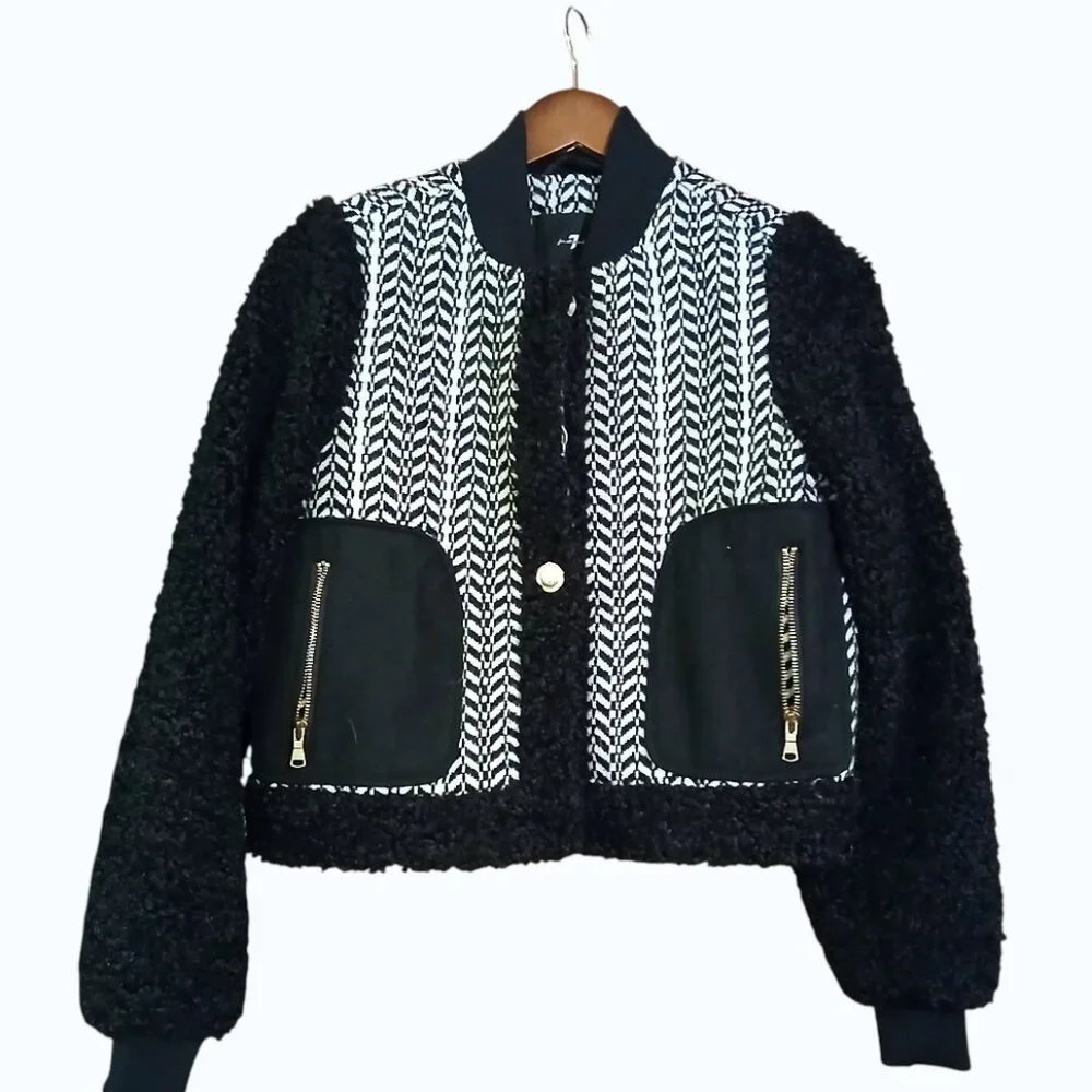 7 FOR ALL MANKIND Tweed Sherpa Bomber Jacket - Like New - Picture 3 of 15